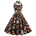 2026 New Audrey Hepburn Style Vintage Floral Print Halter Neck Swing Dress