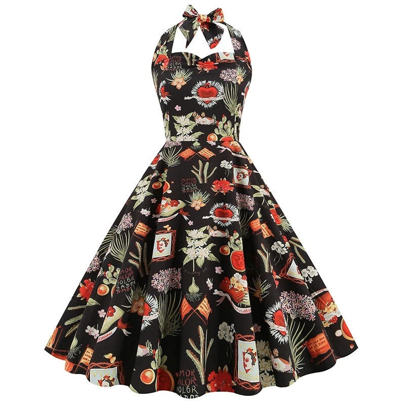 2026 New Audrey Hepburn Style Vintage Floral Print Halter Neck Swing Dress