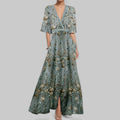 Women's Printed Tie-Fitting Skirt Dress Women Fashionable Elegant V-Neck Skirt