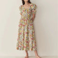 Women Doen U-neck Floral Puff Sleeve A-line Midi Dress