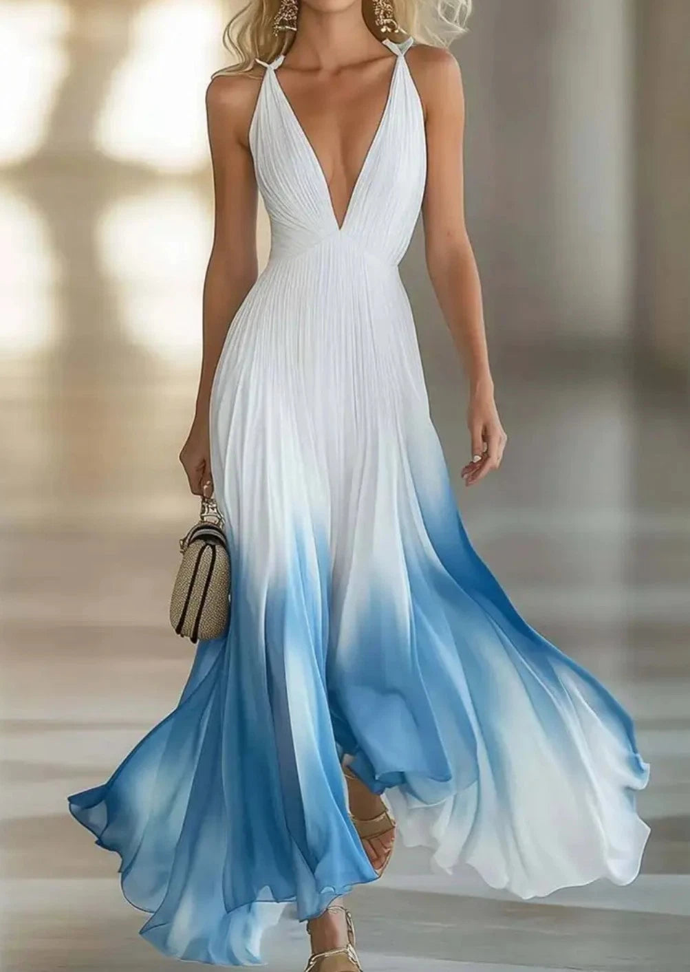 Elegant Spaghetti Strap Deep V-Neck Vacation-Style Design Maxi Dress